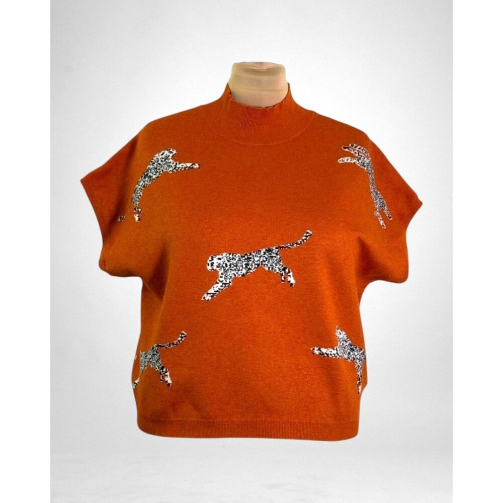 Chic Soul Rust-Orange Cheetah Mock Neck Short Sleeve Sweater, NWOT! Size 1X